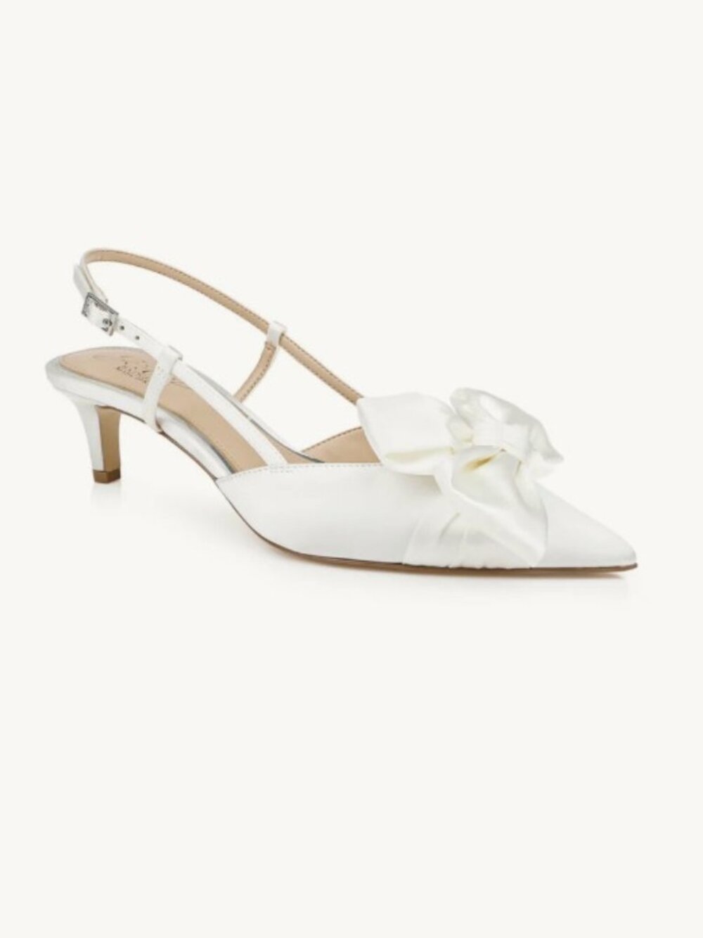 Badgley Mischka White Satin Pointed Toe Slingback Heels with Bow Accent